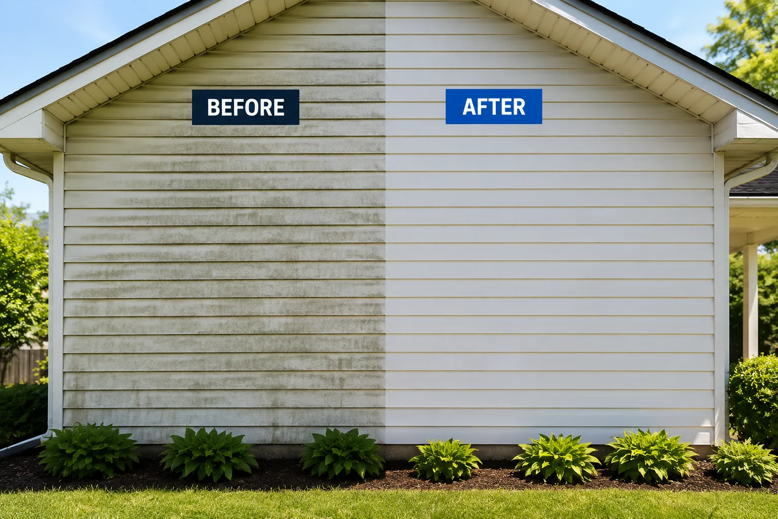 Minneapolis home exterior with garage and clean driveway after the wash
