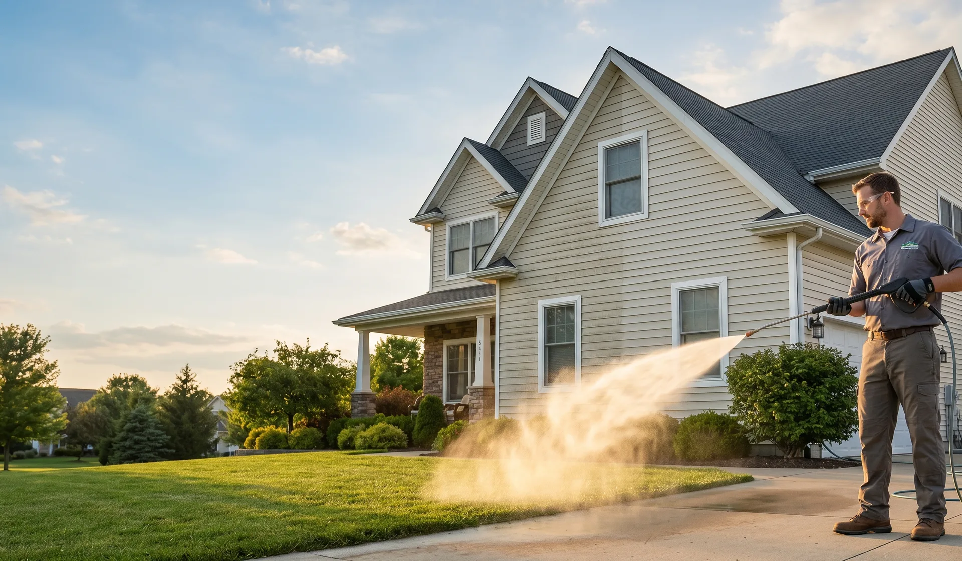 Minneapolis gutter clean technician at golden hour — ladder, hose, downspout flush gear
